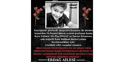 ERDAĞ AİLESİNİN TAZİYE TEŞEKKÜR MESAJI